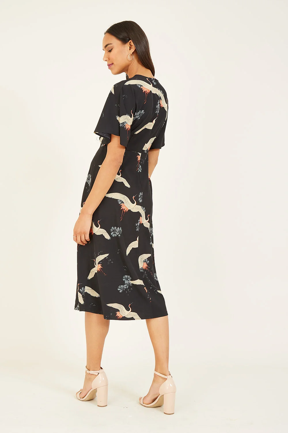 Black Crane Print Kimono Midi Dress - Image 3