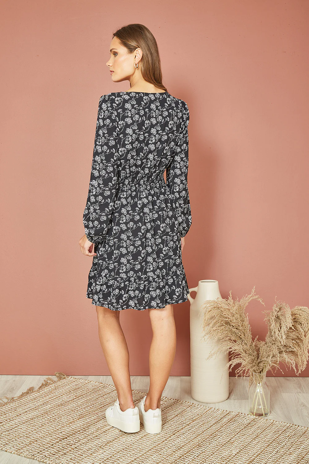 Mela Black Floral Print Ruched Waist Long Sleeve Skater Dress - Image 3