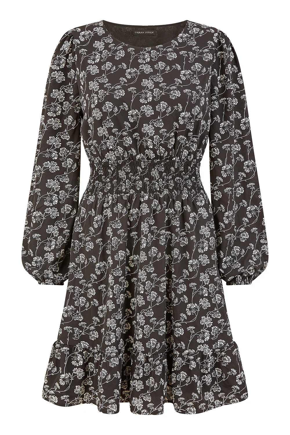 Mela Black Floral Print Ruched Waist Long Sleeve Skater Dress - Image 4