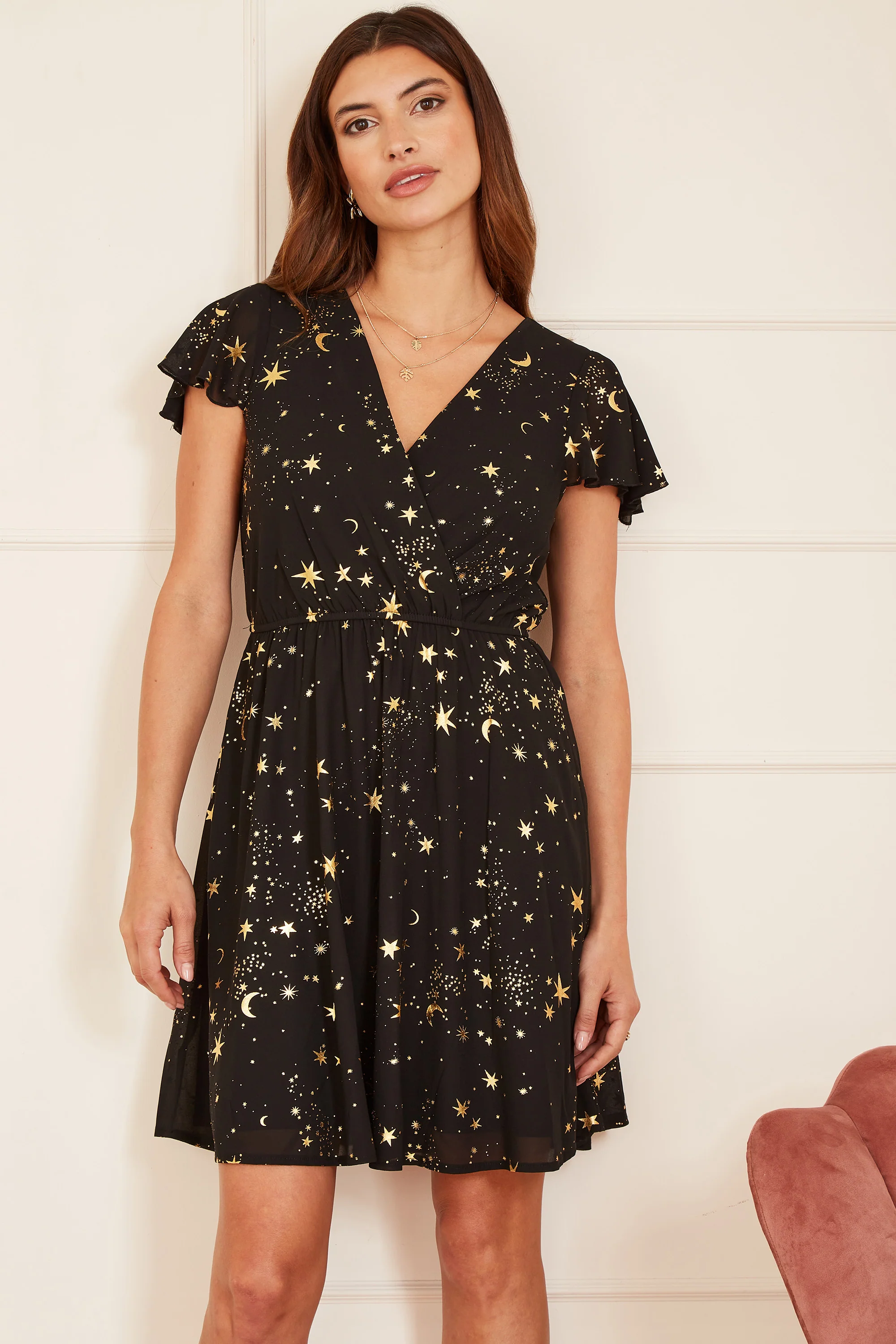 Mela Black Foil Star Print Wrap Skater Dress