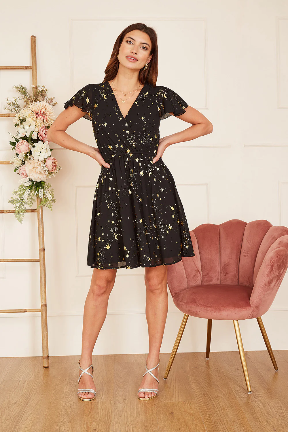 Mela Black Foil Star Print Wrap Skater Dress - Image 2