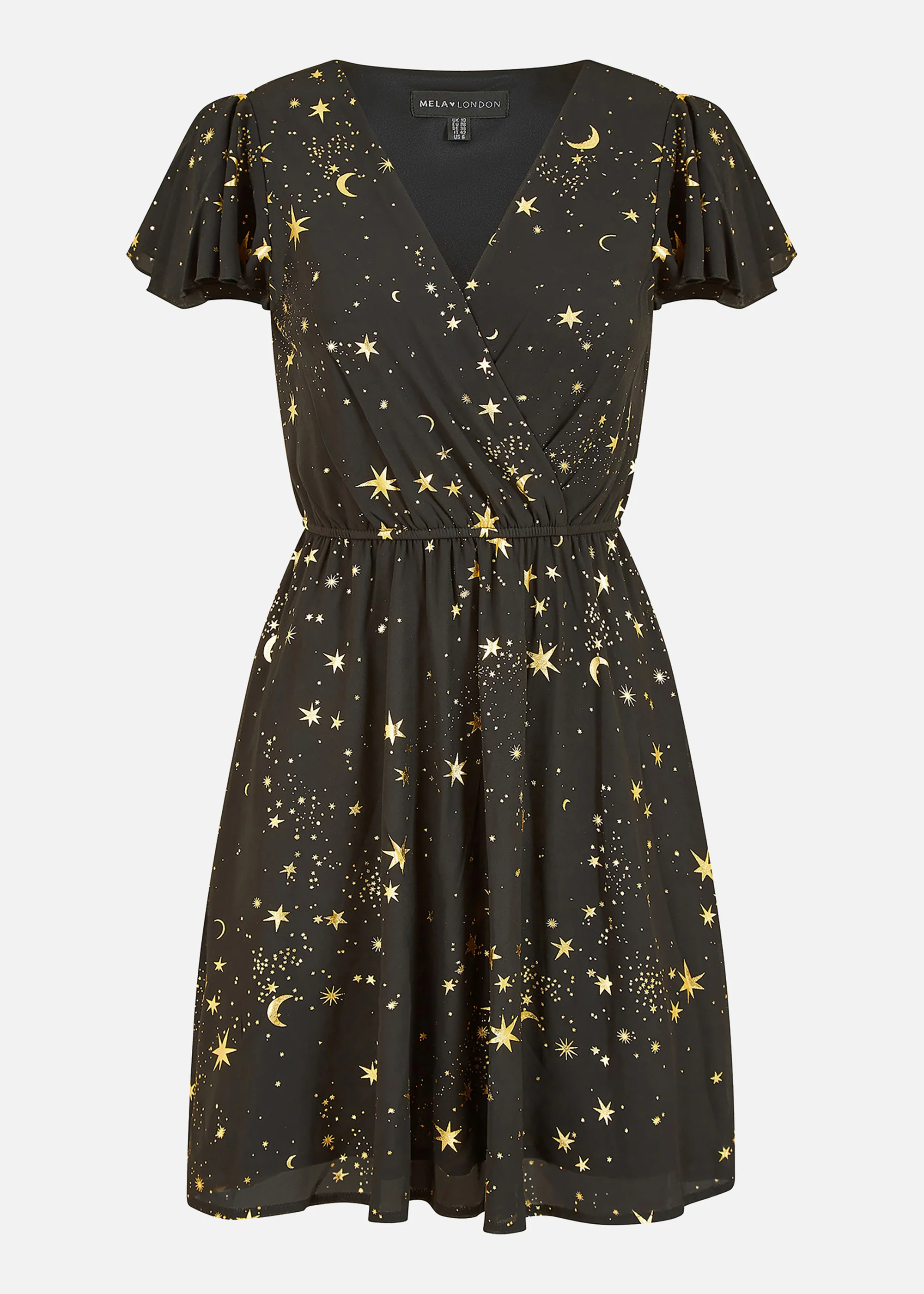 Mela Black Foil Star Print Wrap Skater Dress - Image 3