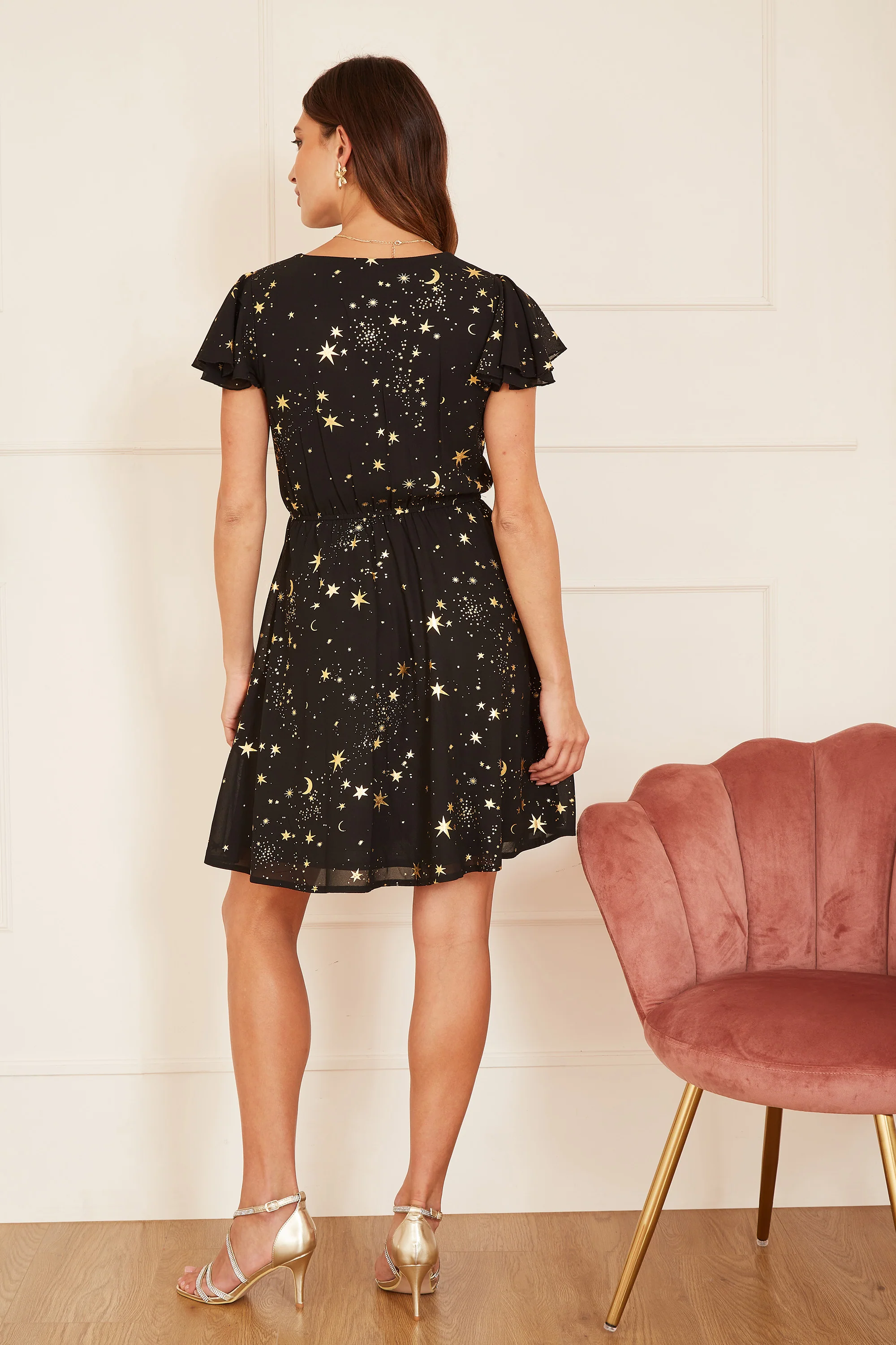 Mela Black Foil Star Print Wrap Skater Dress - Image 4
