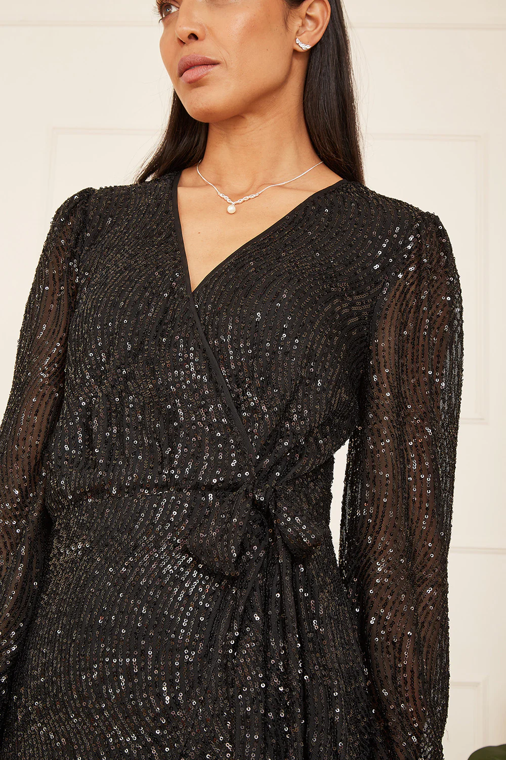 Mela Black Sequin Long Sleeve Frill Wrap Dress - Image 3