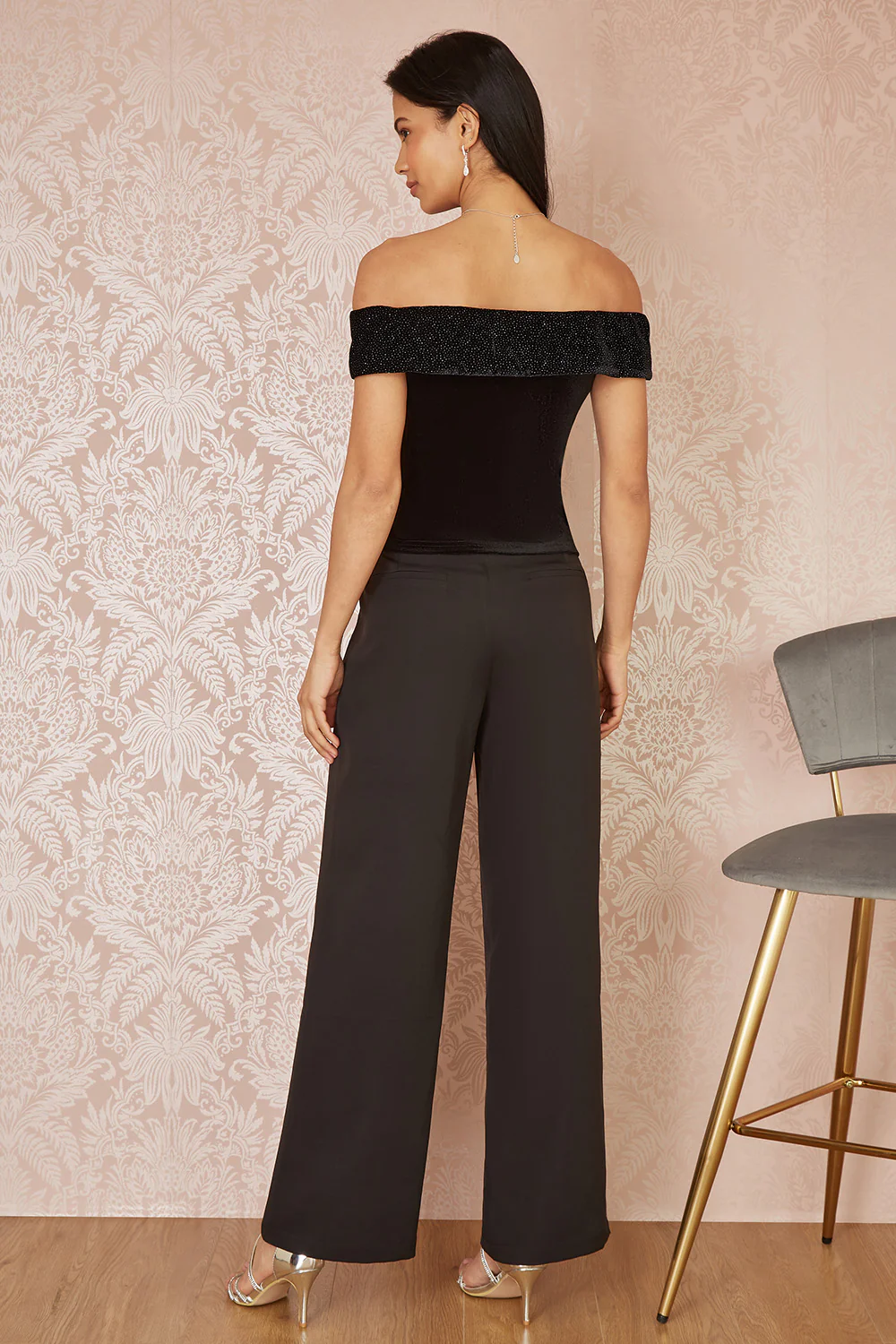 Mela Black Sparkle Black Velvet Bow Bardot Top - Image 3