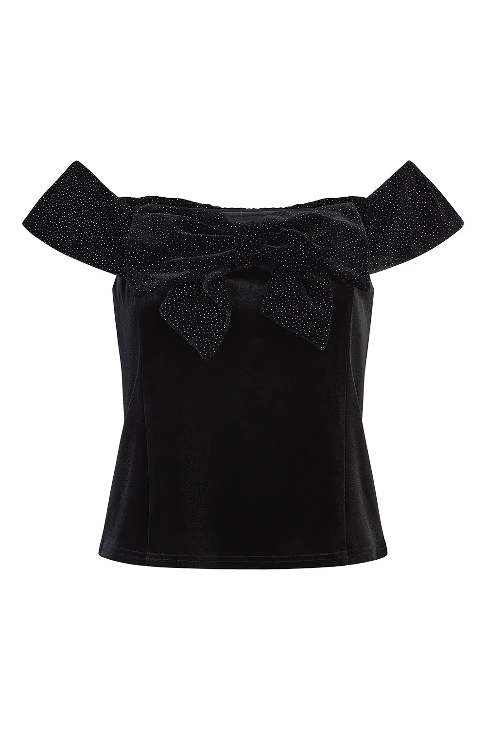 Mela Black Sparkle Black Velvet Bow Bardot Top - Image 4