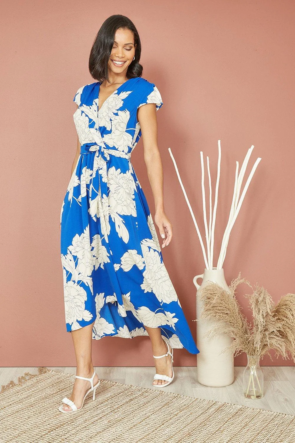 Mela Blue Blossom Print Wrap Midi With Dipped Hem - Image 2