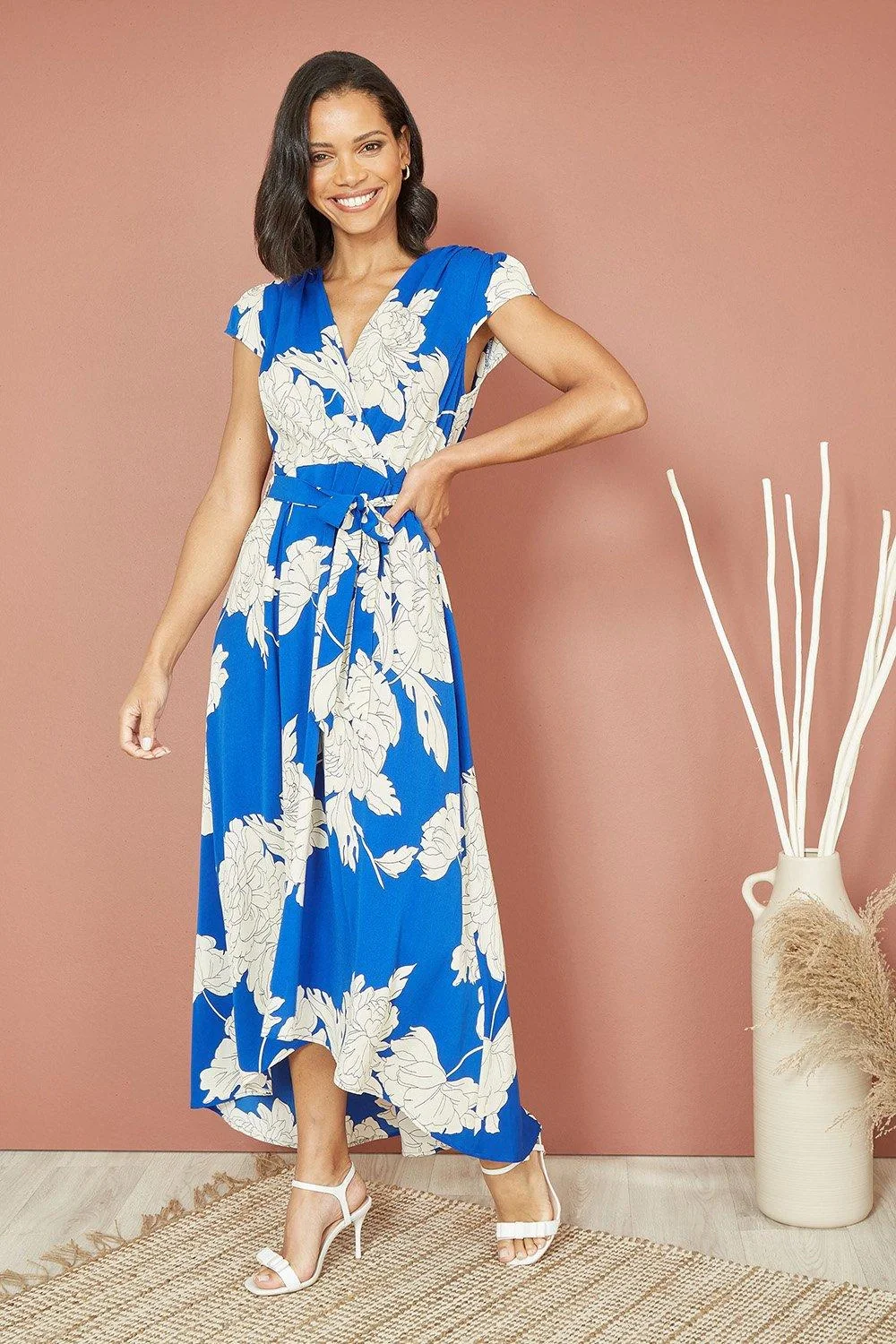 Mela Blue Blossom Print Wrap Midi With Dipped Hem - Image 4