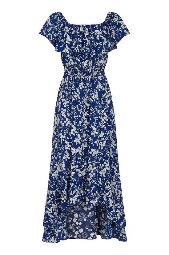 Mela Blue Ditsy Print Bardot Dipped Hem Dress - Image 4
