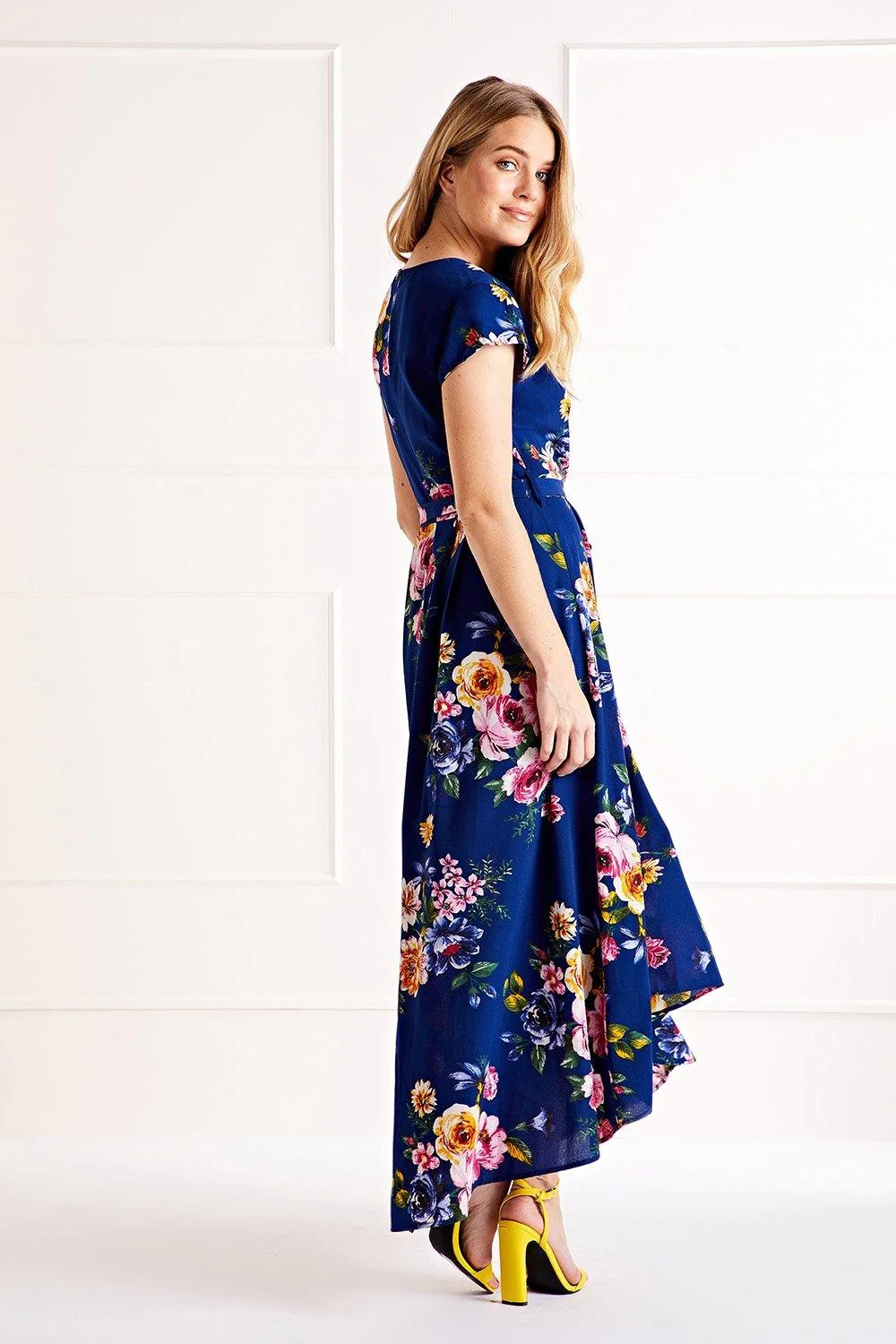 Mela Blue Floral Wrap Over Dipped Hem Midi Dress - Image 3