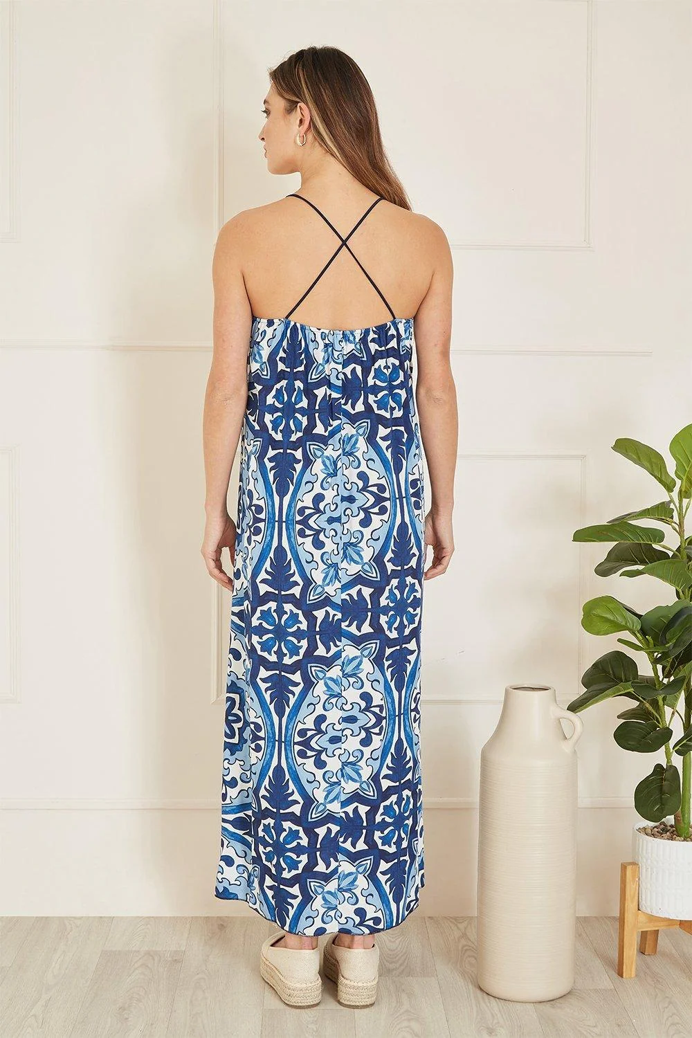 Mela Blue Tile Print Maxi Dress With Side Split Hem - Image 3