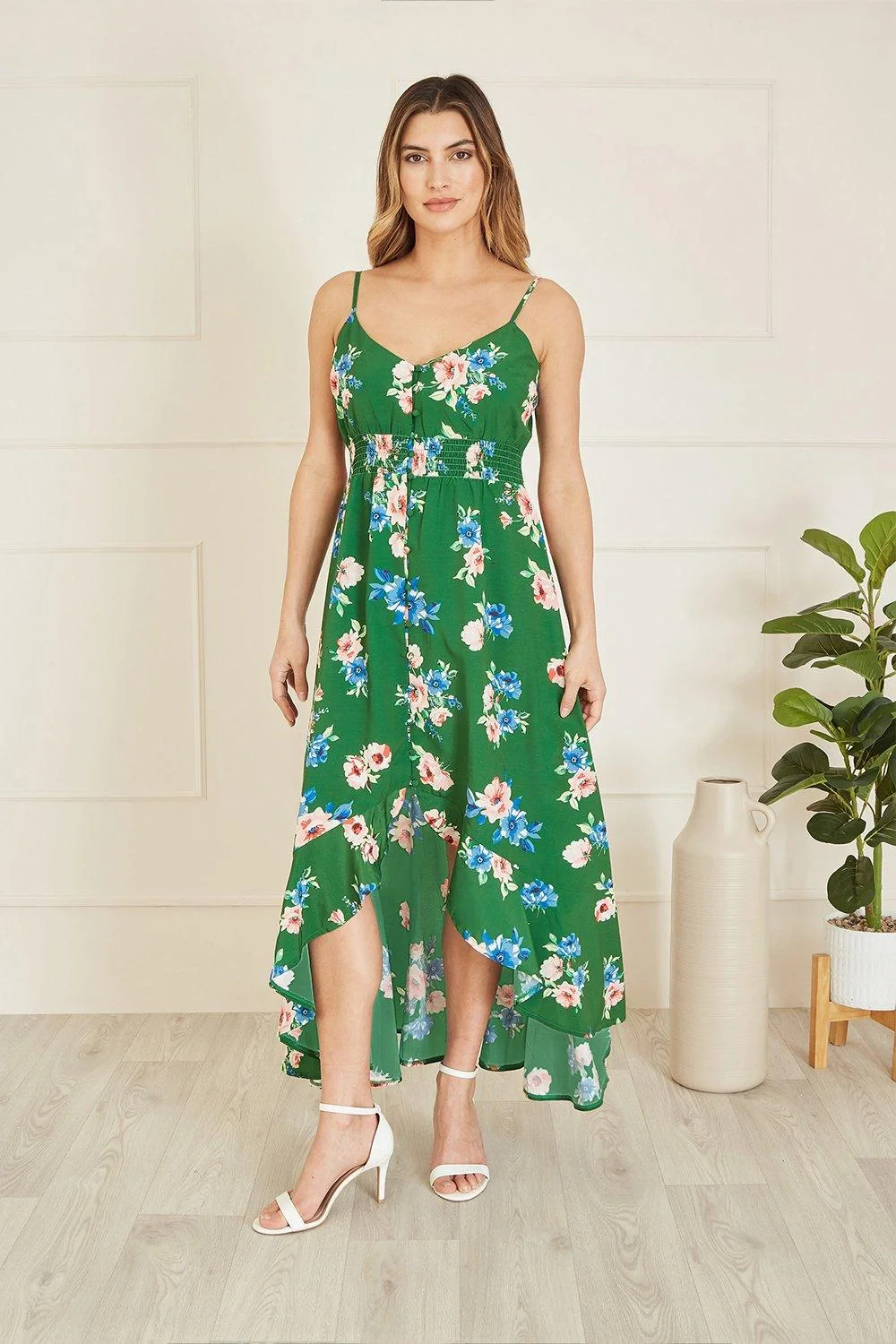 Mela Green Floral High Low Frill Midi Dress - Image 3