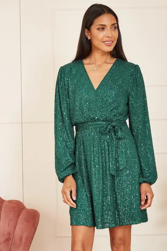 Mela Green Sequin Belted Wrap Long Sleeve Dress - Image 3
