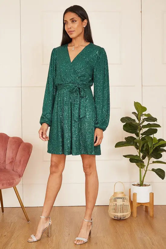 Mela Green Sequin Belted Wrap Long Sleeve Dress - Image 4