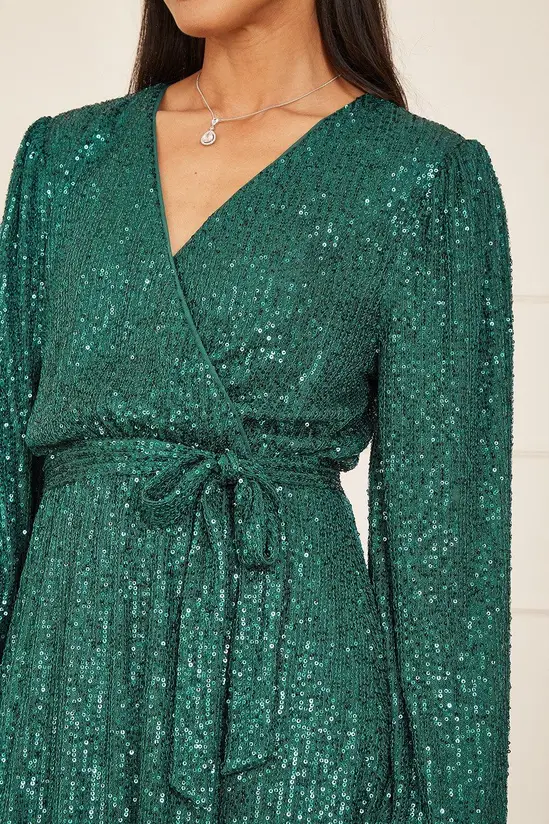 Mela Green Sequin Belted Wrap Long Sleeve Dress - Image 6