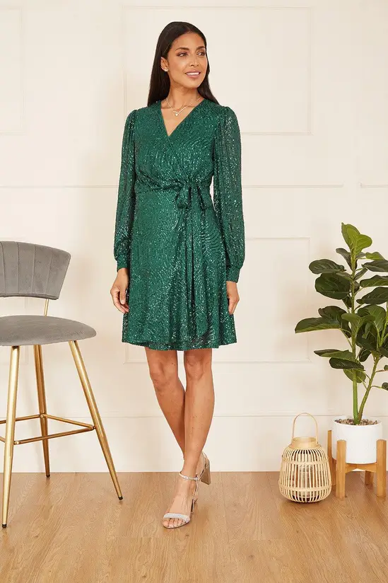 Mela Green Sequin Long Sleeve Frill Wrap Dress - Image 3