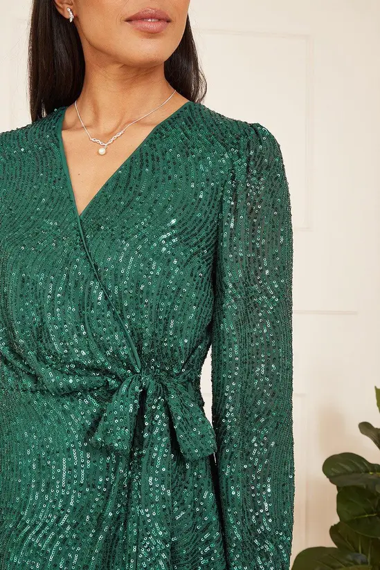 Mela Green Sequin Long Sleeve Frill Wrap Dress - Image 4