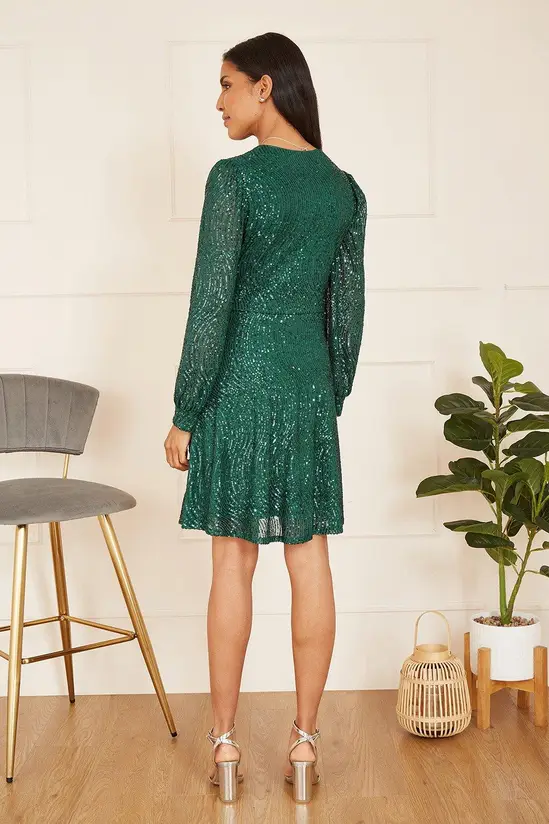 Mela Green Sequin Long Sleeve Frill Wrap Dress - Image 5