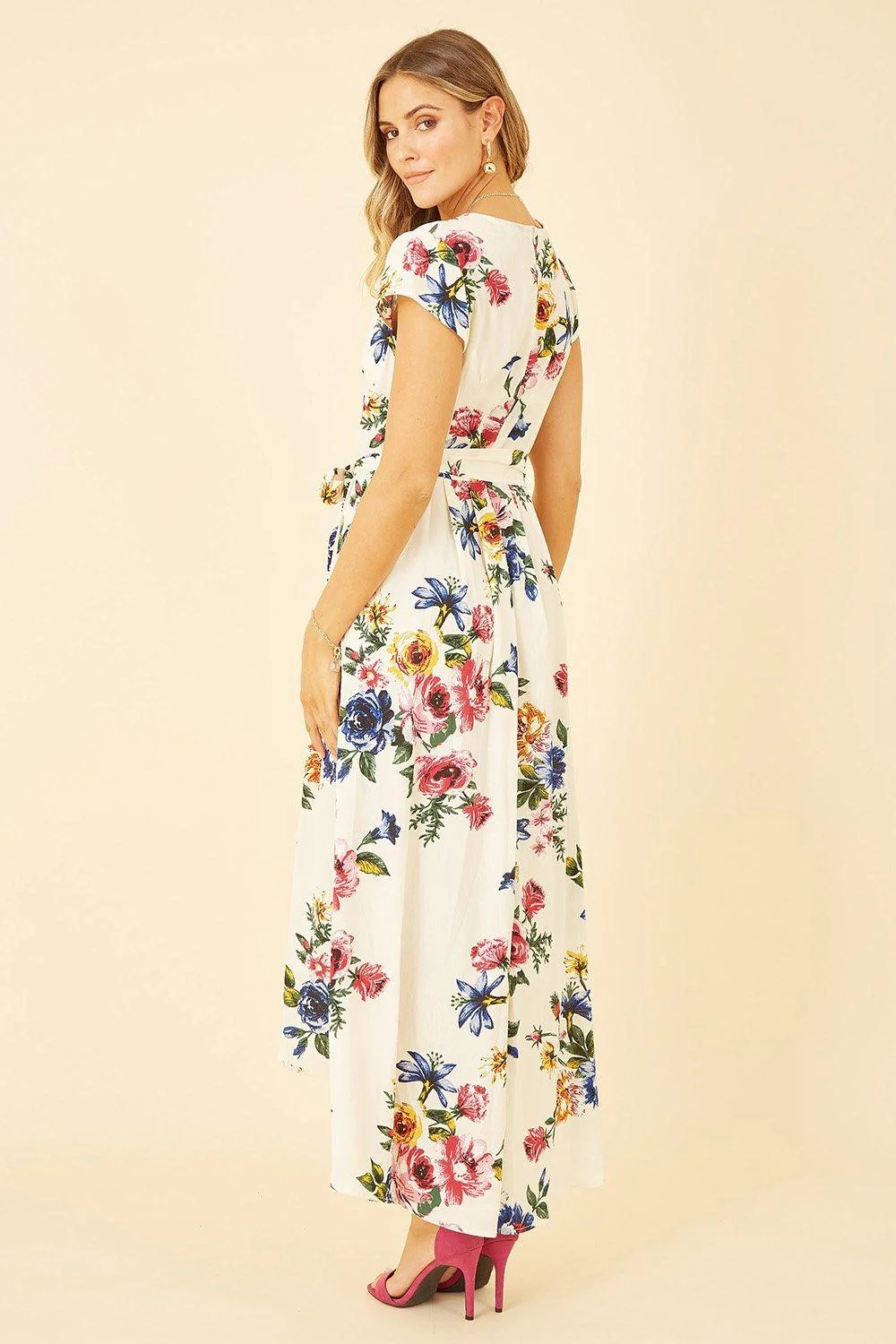 Mela Ivory Floral Wrap Dip Hem Dress - Image 4
