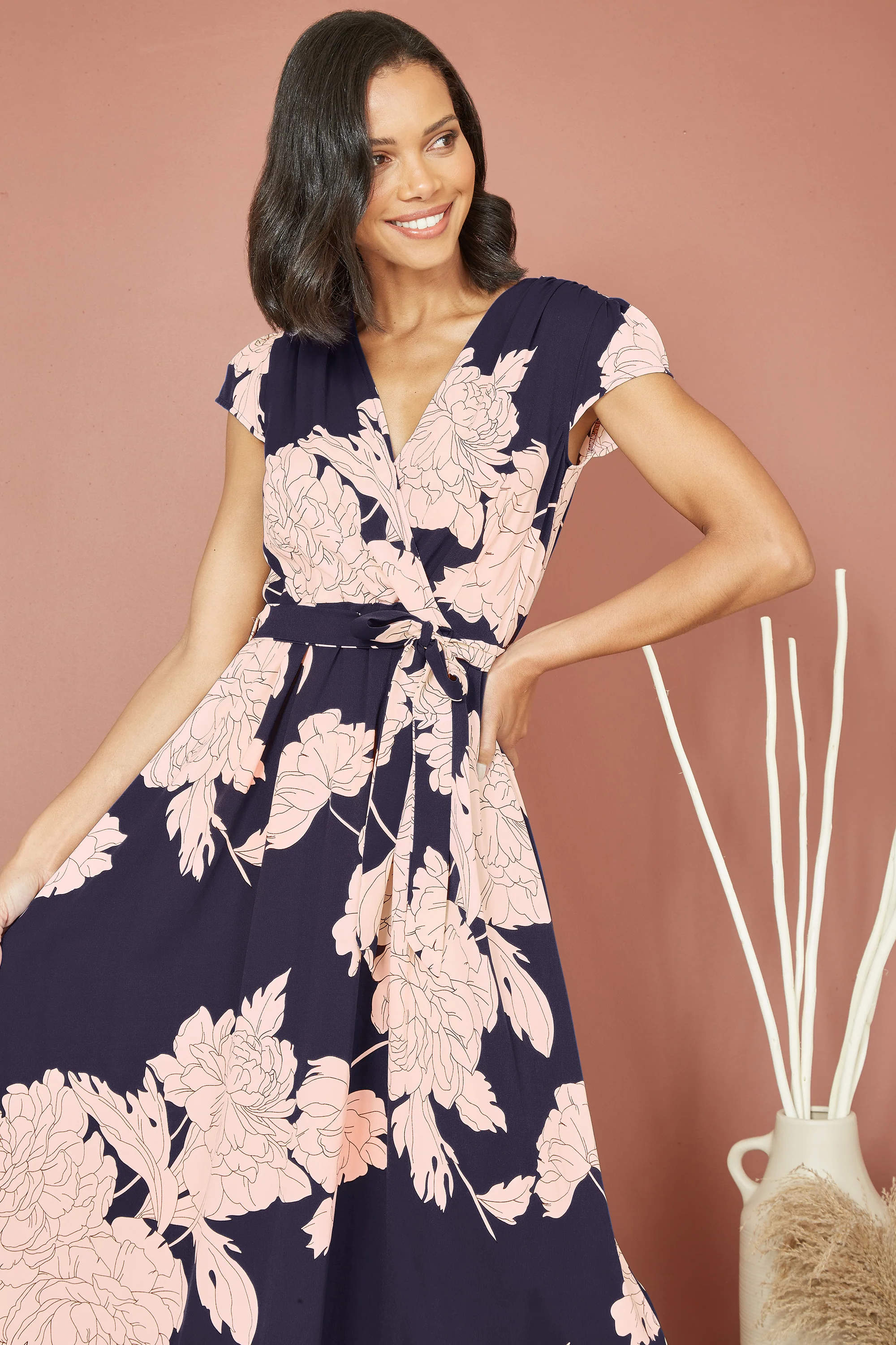 Mela Navy Blossom Print Wrap Midi With Dipped Hem
