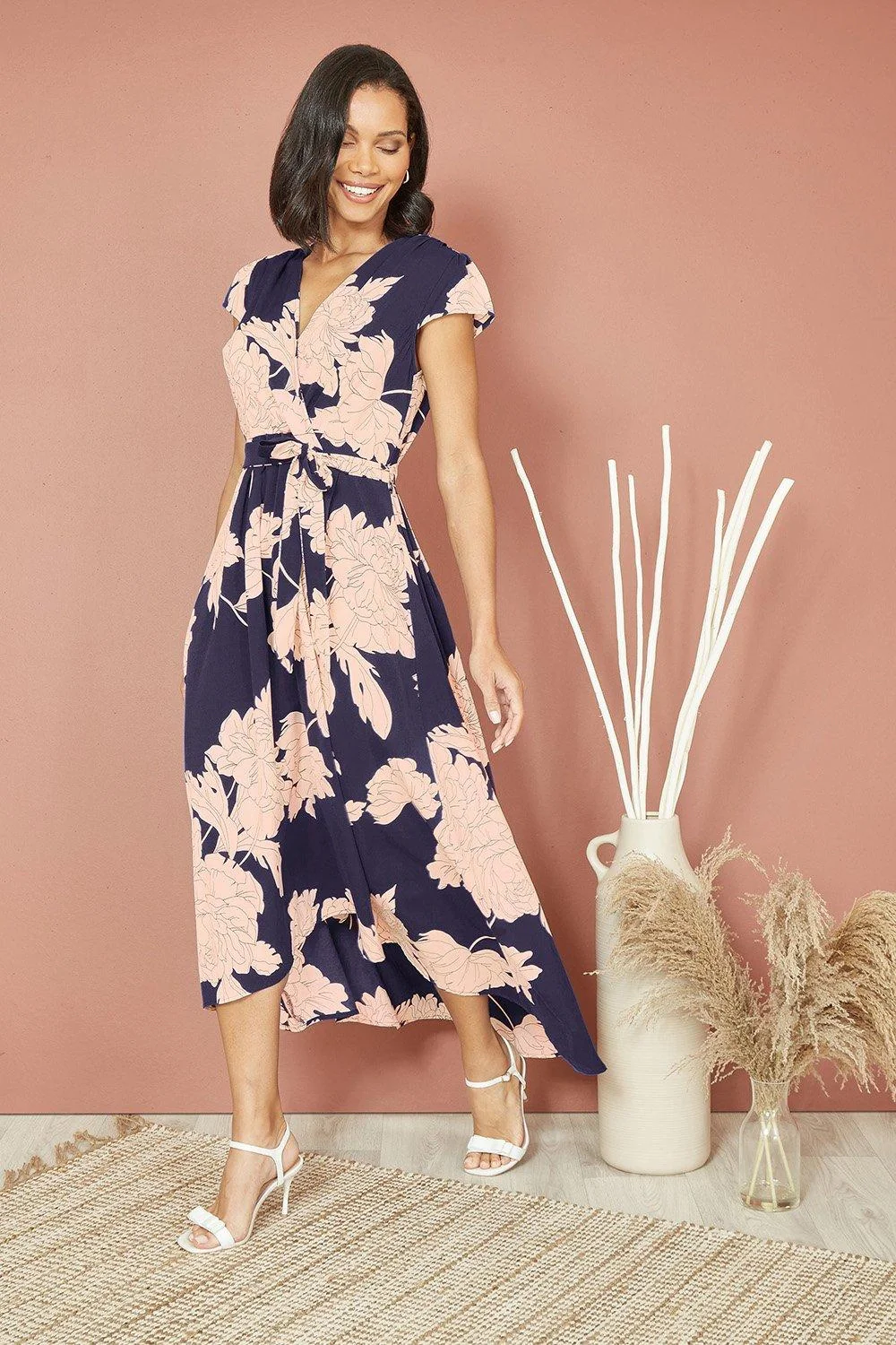 Mela Navy Blossom Print Wrap Midi With Dipped Hem - Image 2