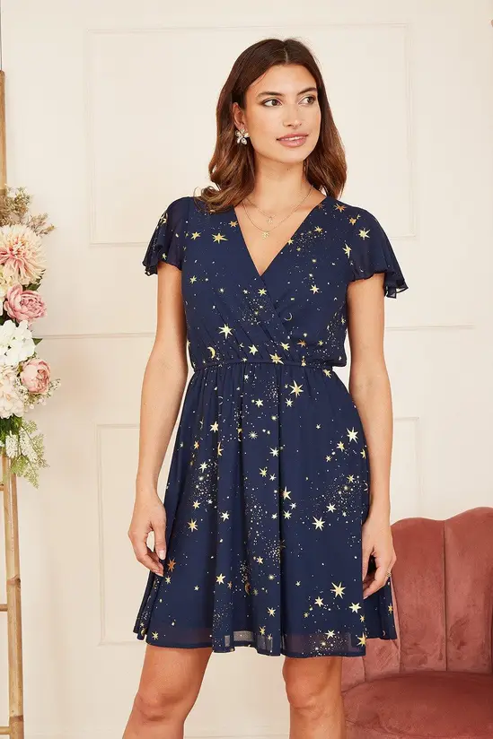Mela Navy Foil Star Print Wrap Skater Dress - Image 2