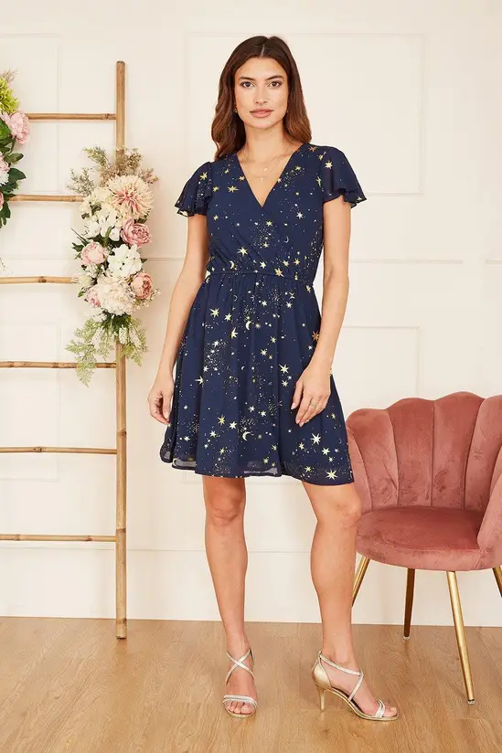 Mela Navy Foil Star Print Wrap Skater Dress - Image 3