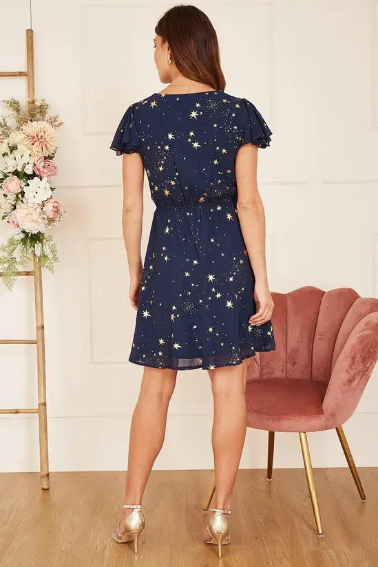 Mela Navy Foil Star Print Wrap Skater Dress - Image 4
