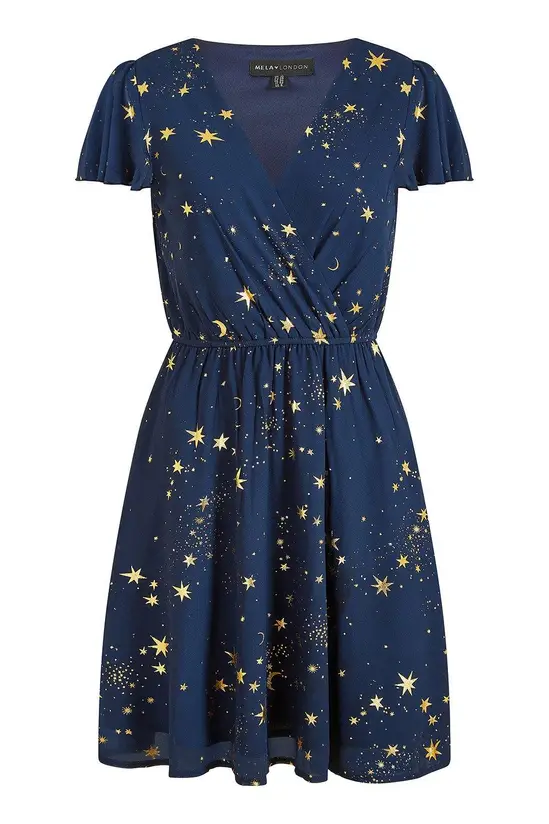 Mela Navy Foil Star Print Wrap Skater Dress - Image 5