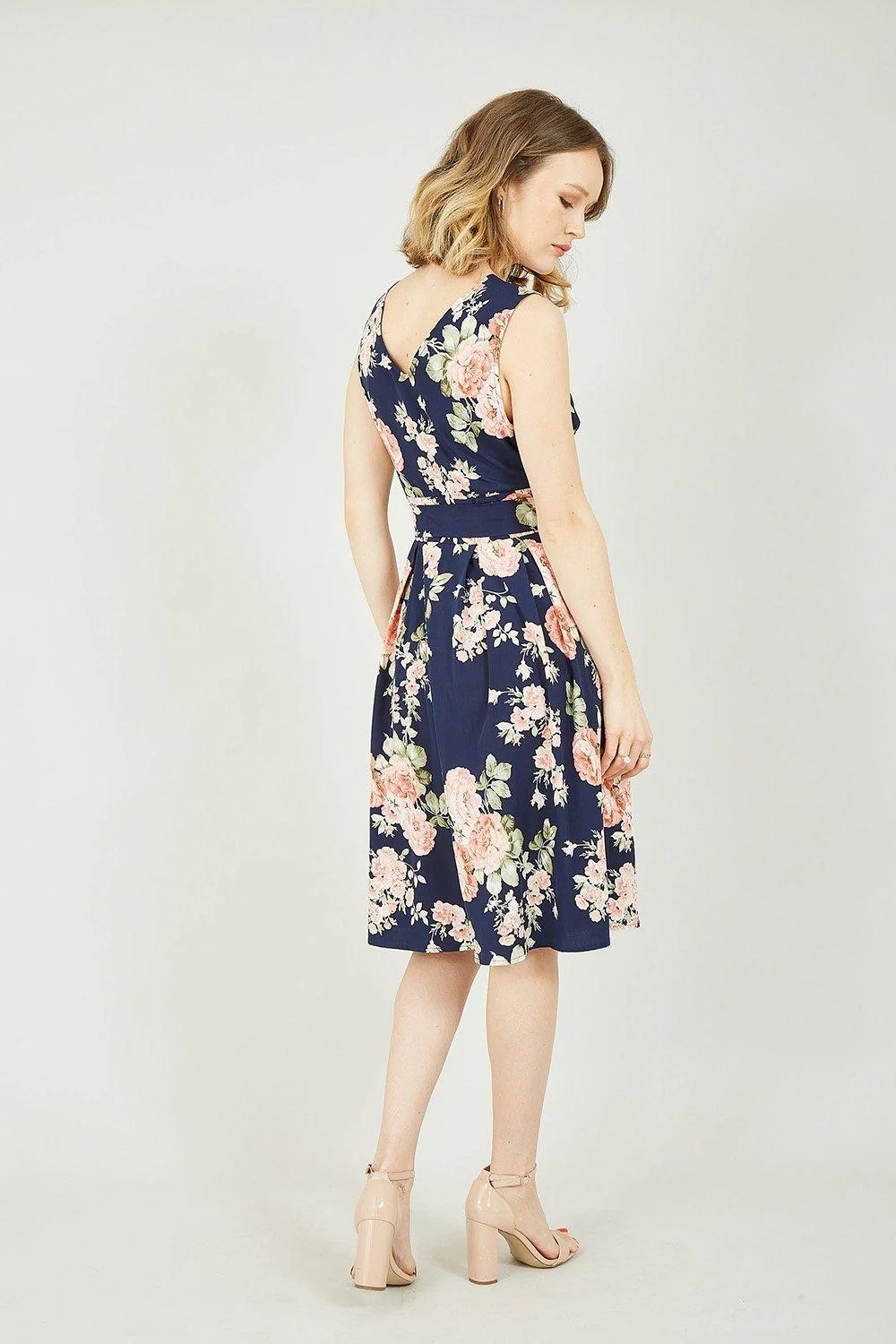 Mela Navy Rose Printed Wrap Over Sleeveless Skater Dress - Image 3