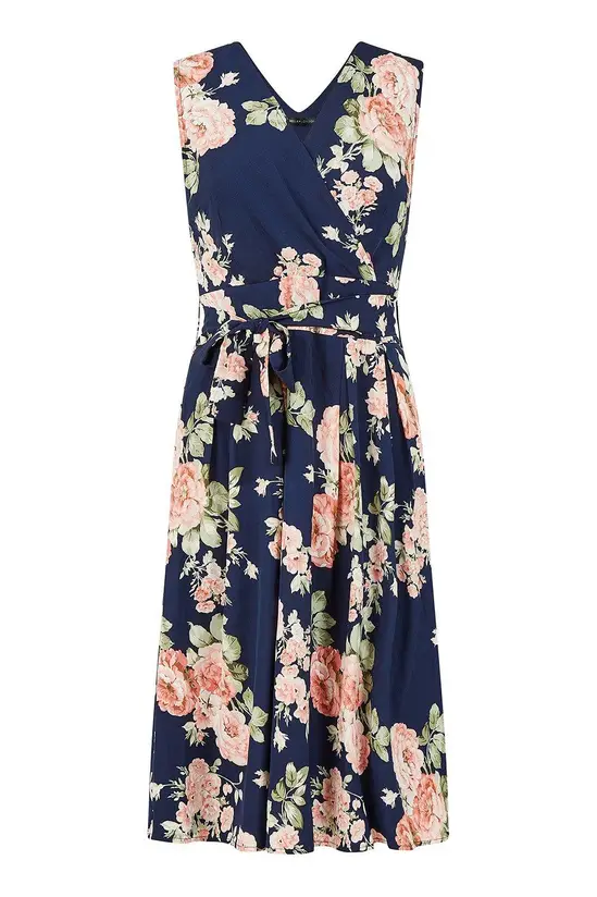 Mela Navy Rose Printed Wrap Over Sleeveless Skater Dress - Image 4