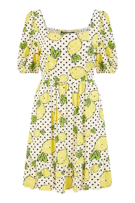 Mela White Viscose Lemon Print Skater Dress With Balloon Sleeves - Image 5