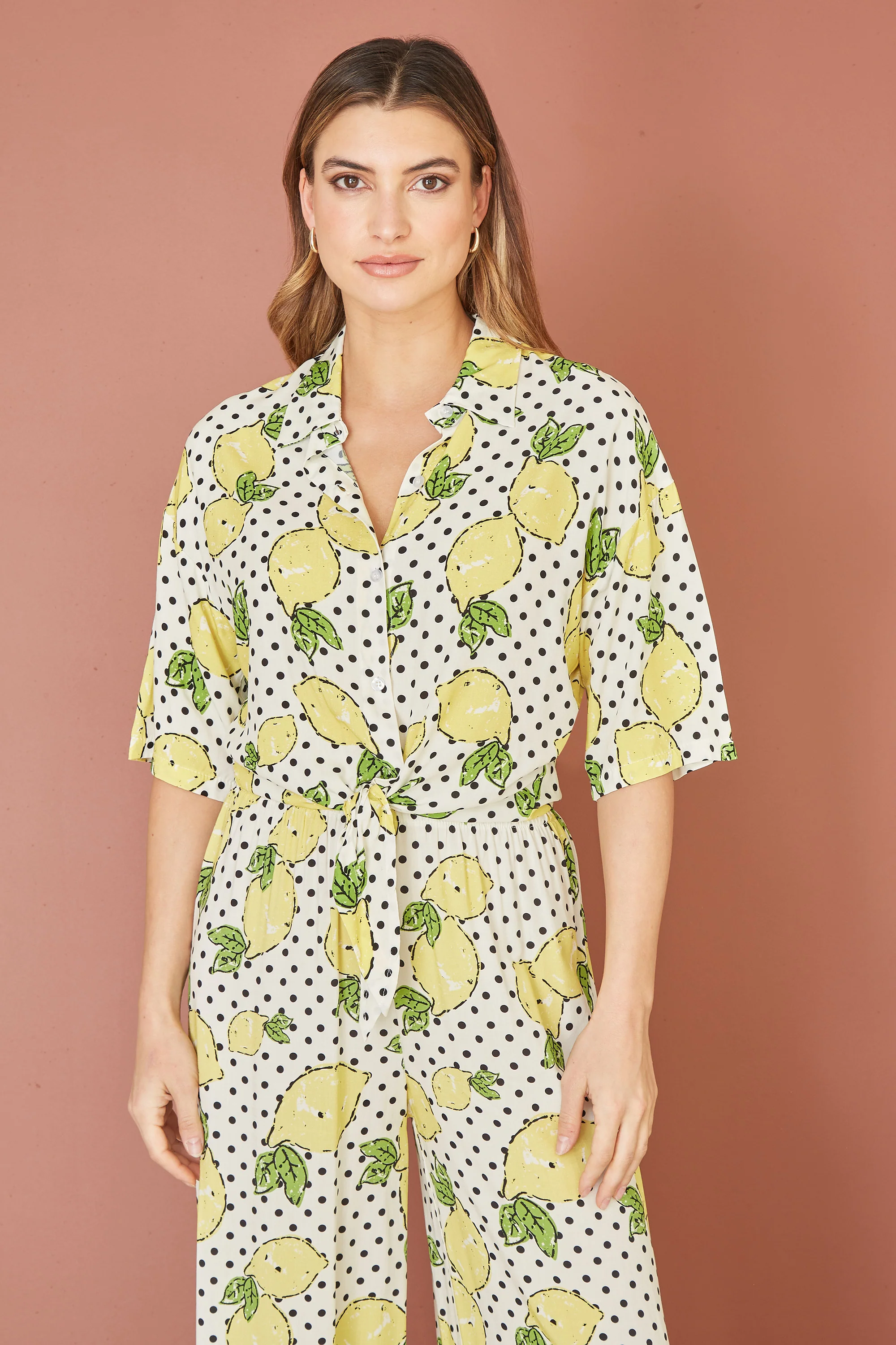 Mela White Viscose Lemon Print Tie Shirt