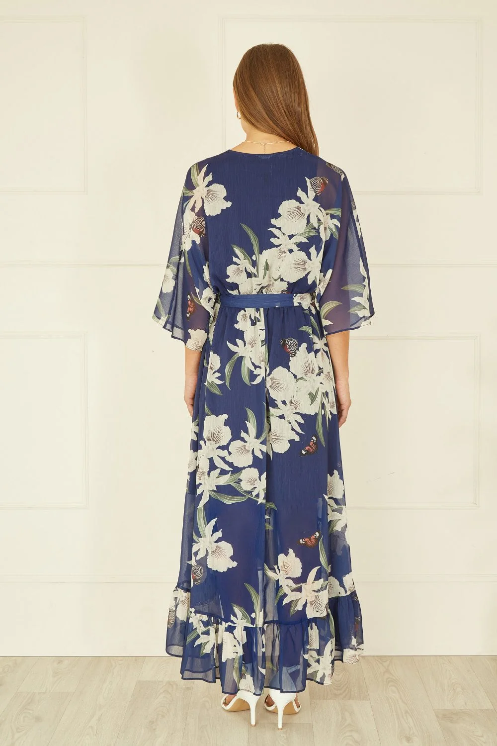 Navy Floral Kimono Sleeves Dip Hem Wrap Midi Dress - Image 5