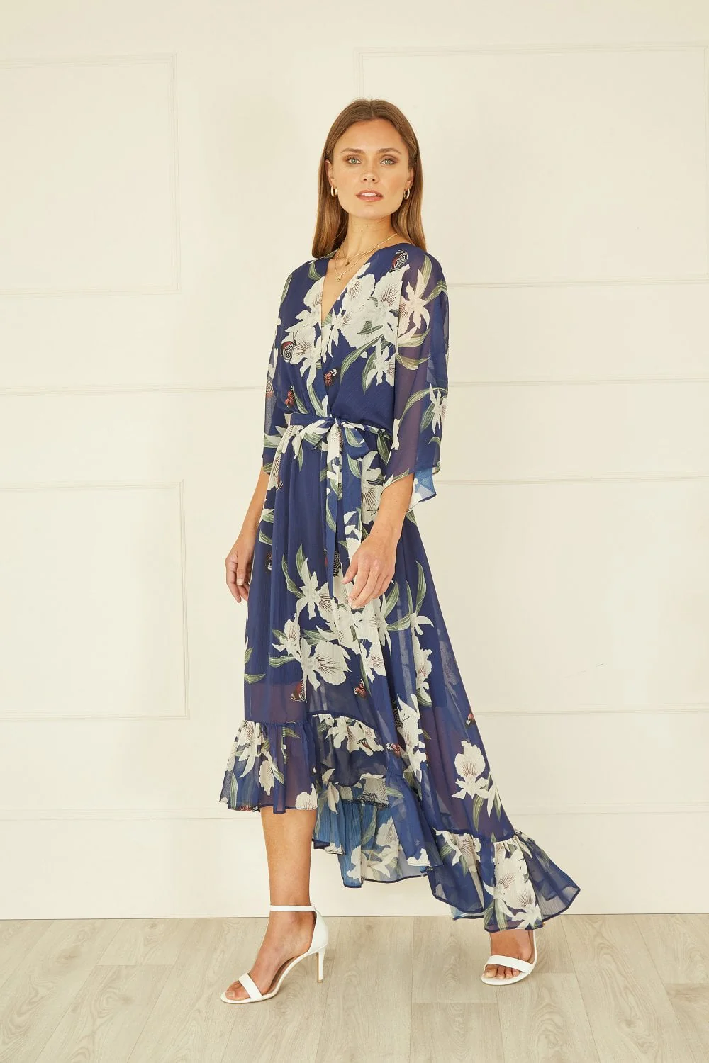 Navy Floral Kimono Sleeves Dip Hem Wrap Midi Dress - Image 6
