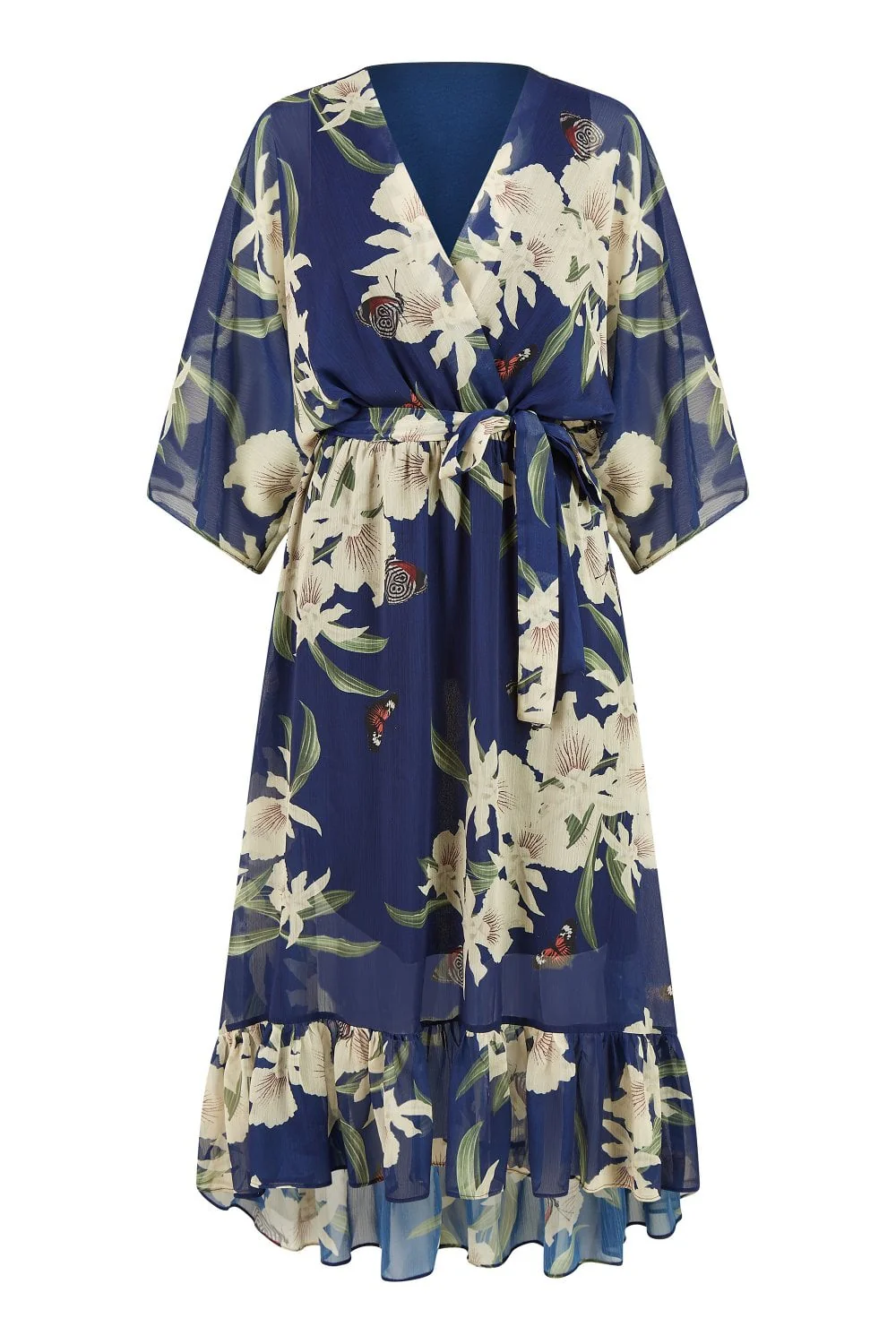 Navy Floral Kimono Sleeves Dip Hem Wrap Midi Dress - Image 8