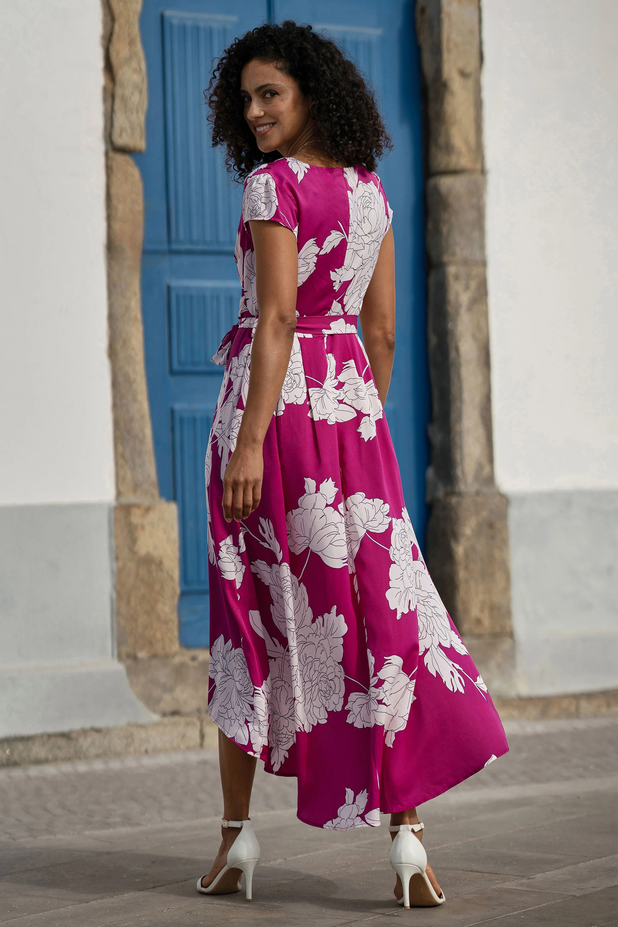 Pink Blossom Print Wrap Dress With Dipped Hem - Image 3