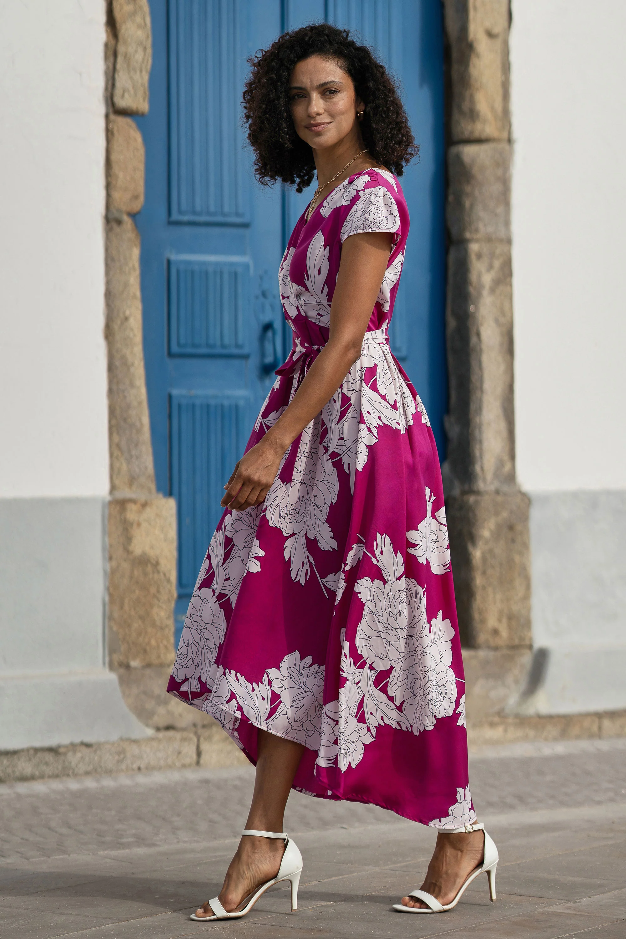 Pink Blossom Print Wrap Dress With Dipped Hem - Image 5