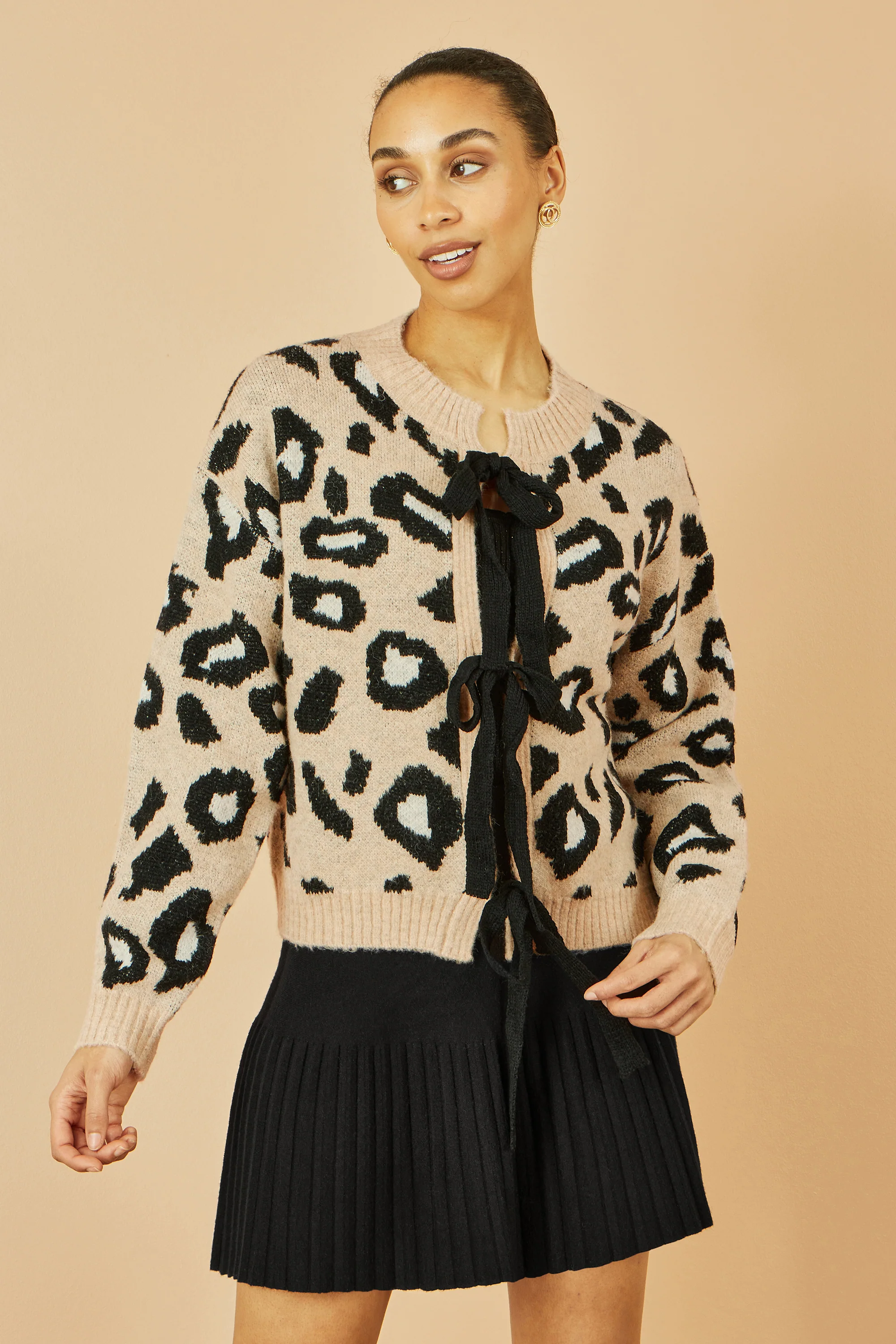 Yumi Beige Animal Print Intarsia Tie Front Cardigan - Image 4