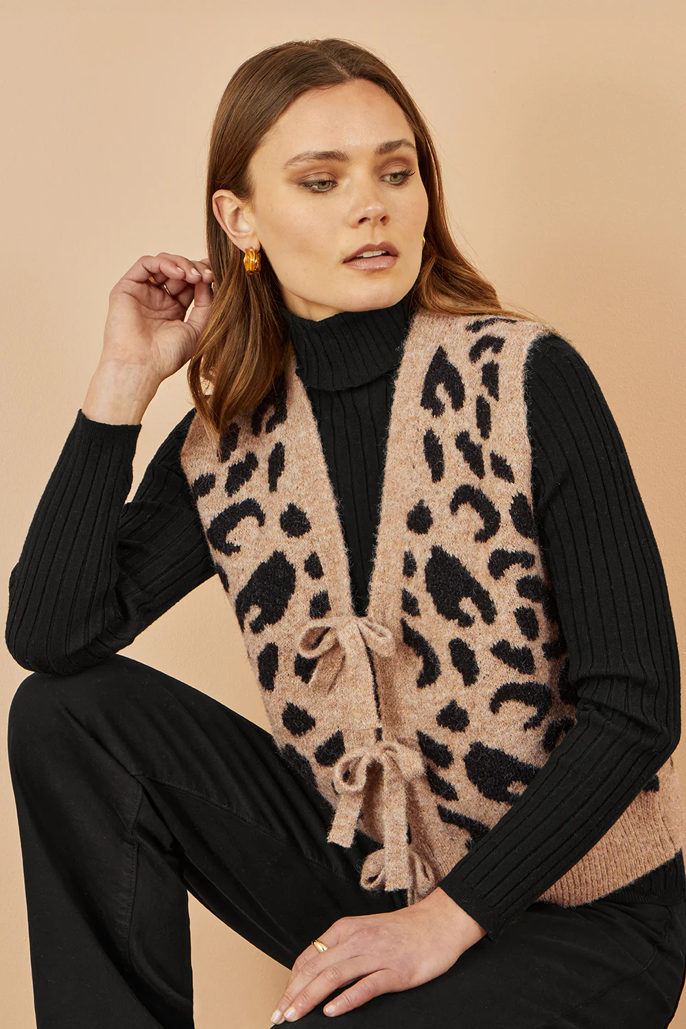 Yumi Beige Animal Print Intarsia Tie Front Waistcoat - Image 2