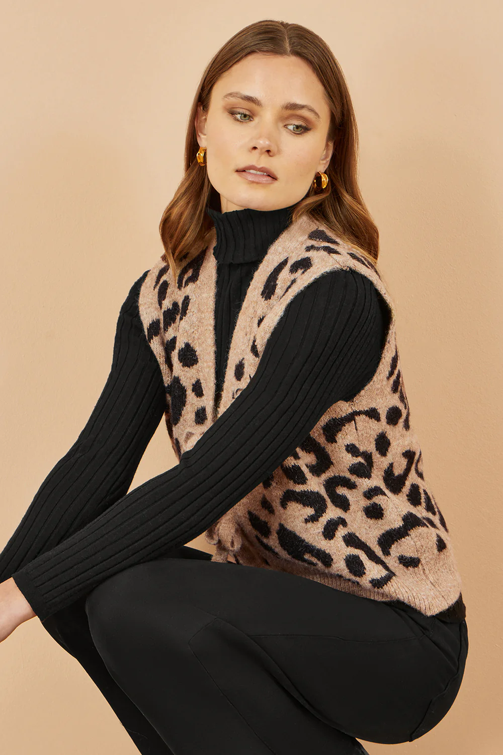 Yumi Beige Animal Print Intarsia Tie Front Waistcoat - Image 4