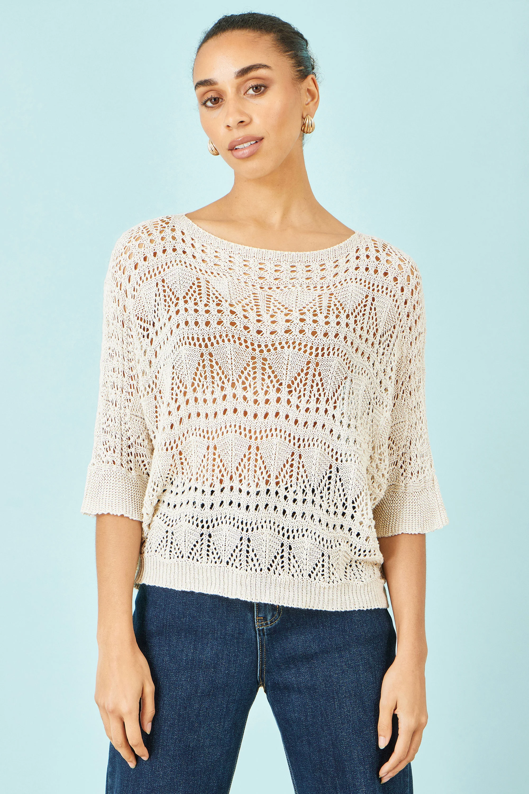Yumi Beige Cotton Mix Relaxed Fit Pointelle Jumper - Image 6