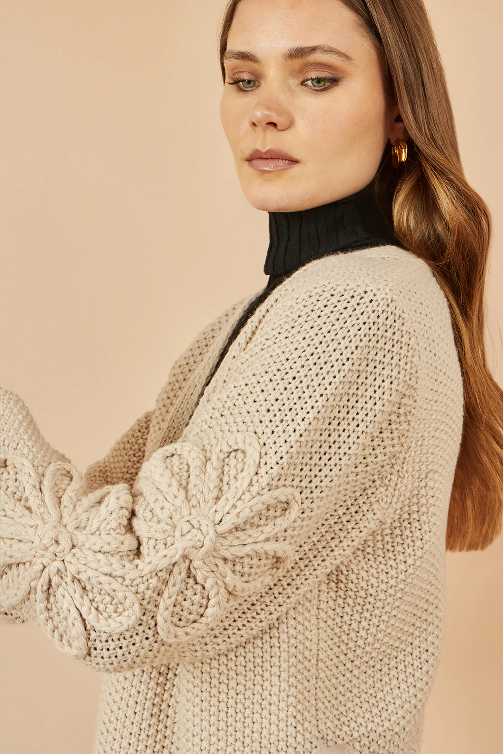 Yumi Beige Edge to Edge Cardigan With Flower Detail Sleeves - Image 3
