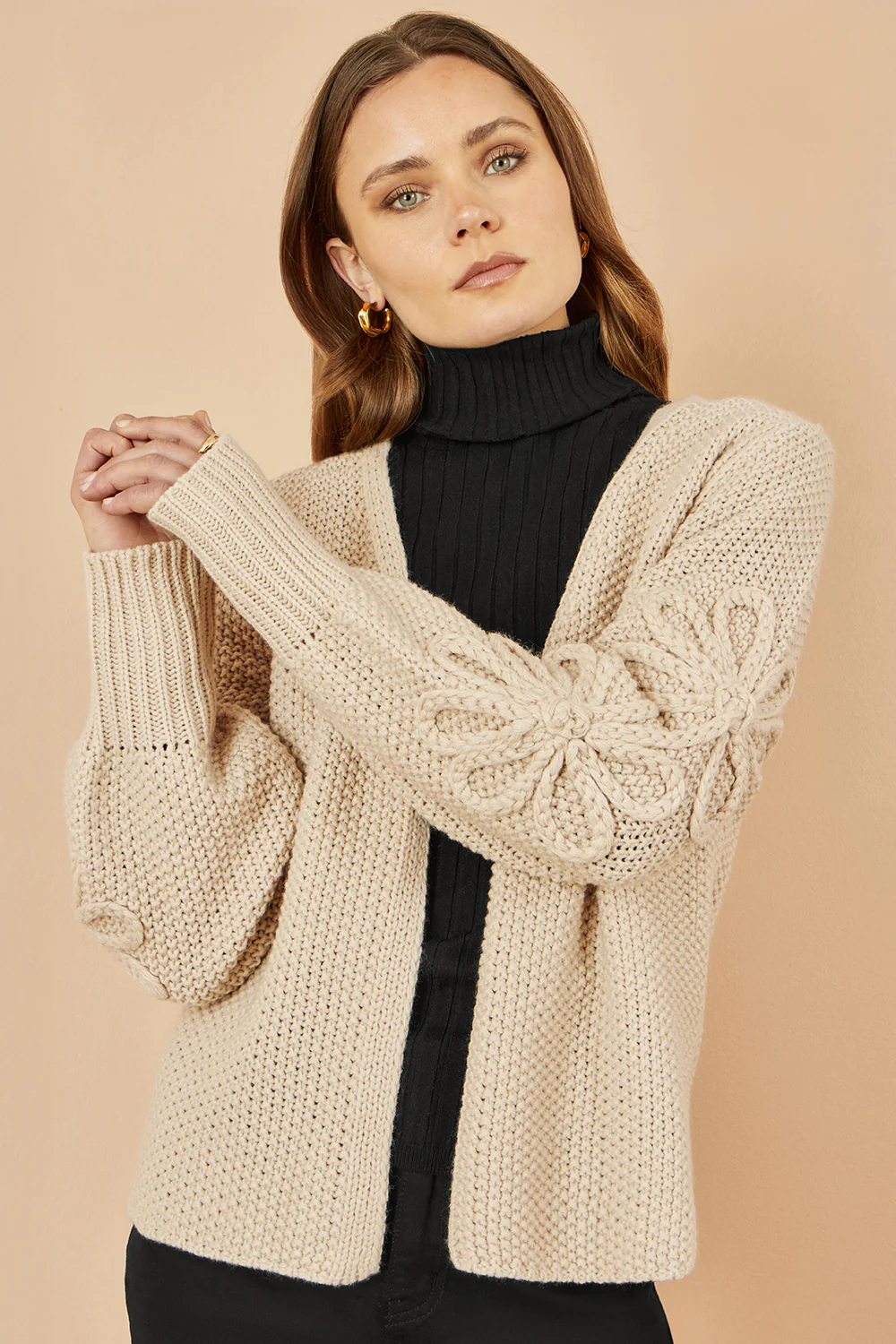 Yumi Beige Edge to Edge Cardigan With Flower Detail Sleeves - Image 4
