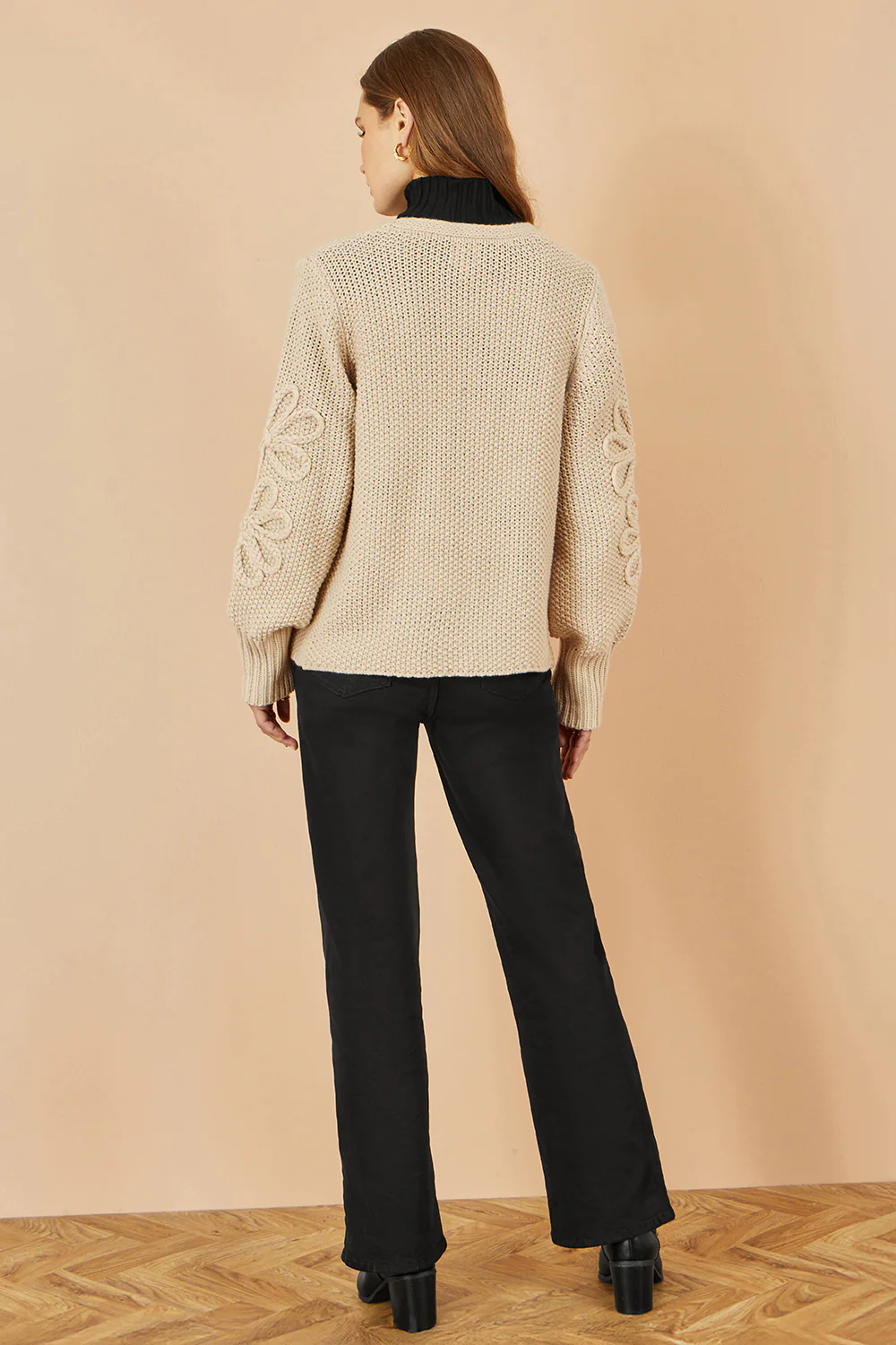 Yumi Beige Edge to Edge Cardigan With Flower Detail Sleeves - Image 5