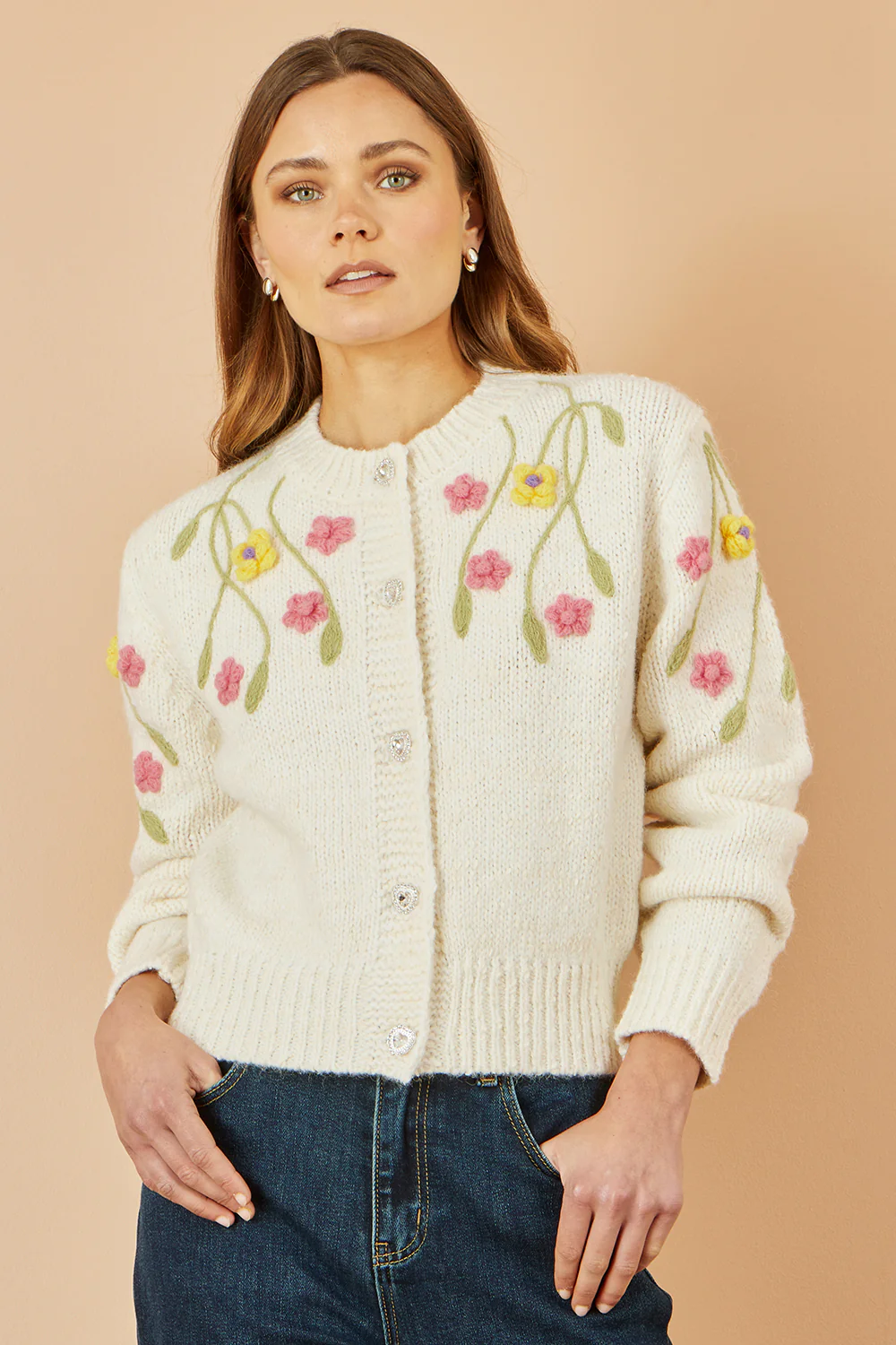 Yumi Beige Flower Embroidered Chunky Knit Cardigan - Image 3