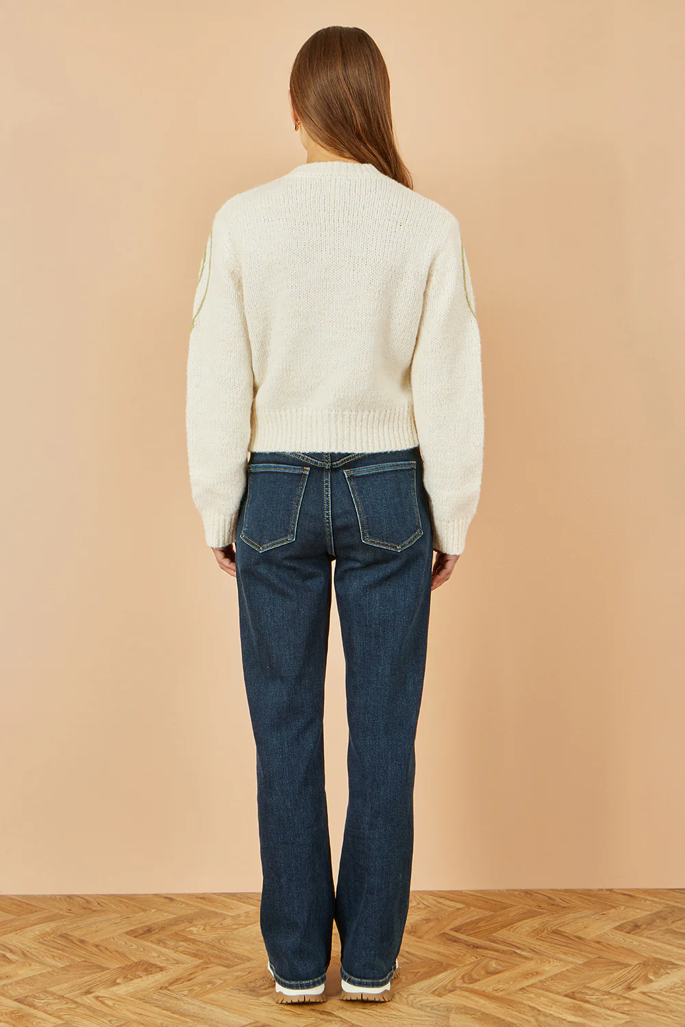 Yumi Beige Flower Embroidered Chunky Knit Cardigan - Image 4