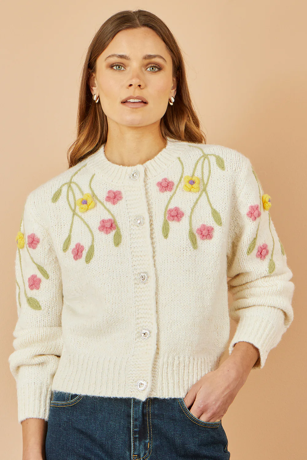 Yumi Beige Flower Embroidered Chunky Knit Cardigan - Image 5