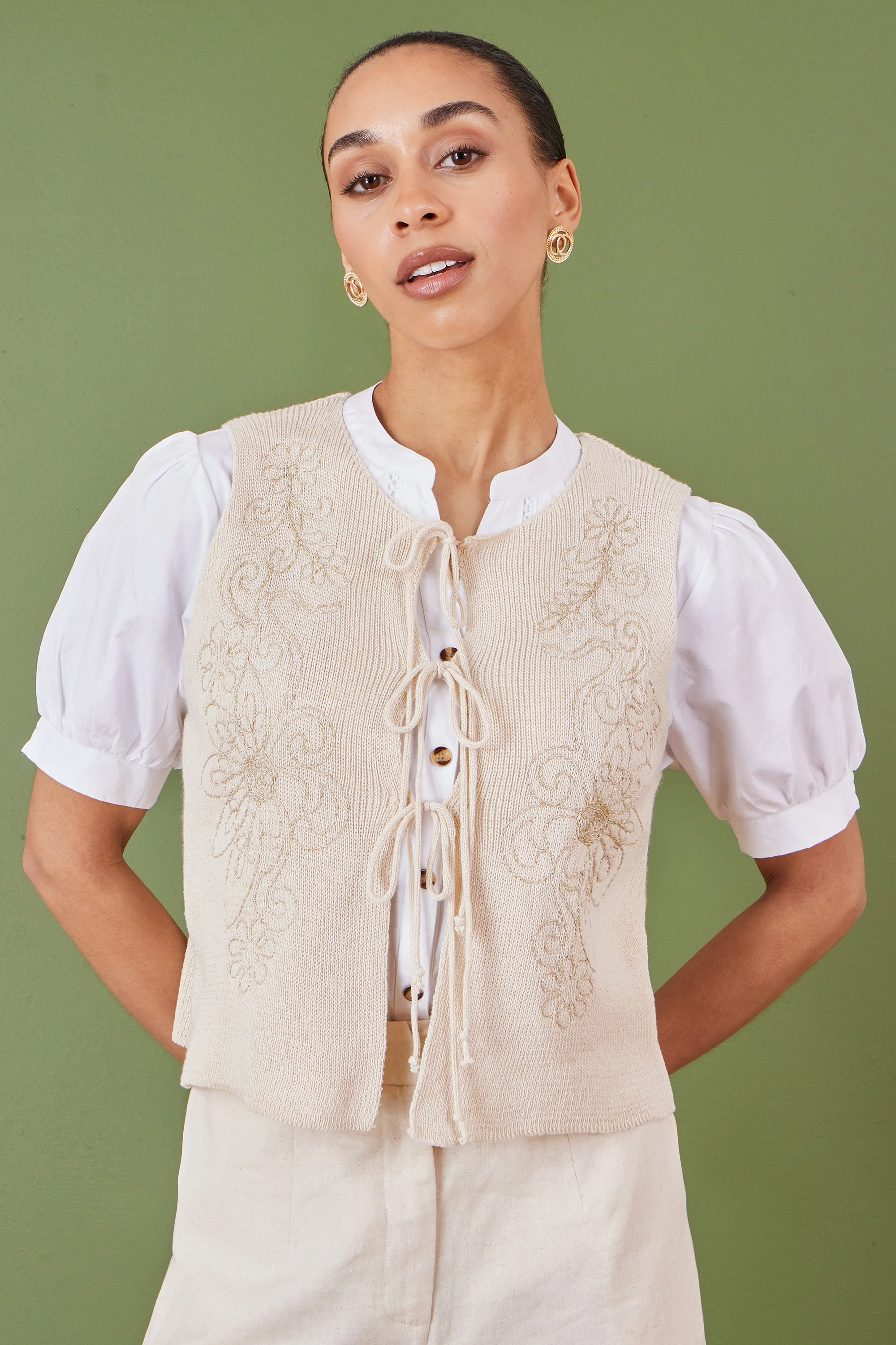 Yumi Beige Knitted Tie Front Waistcoat With Floral Details - Image 2