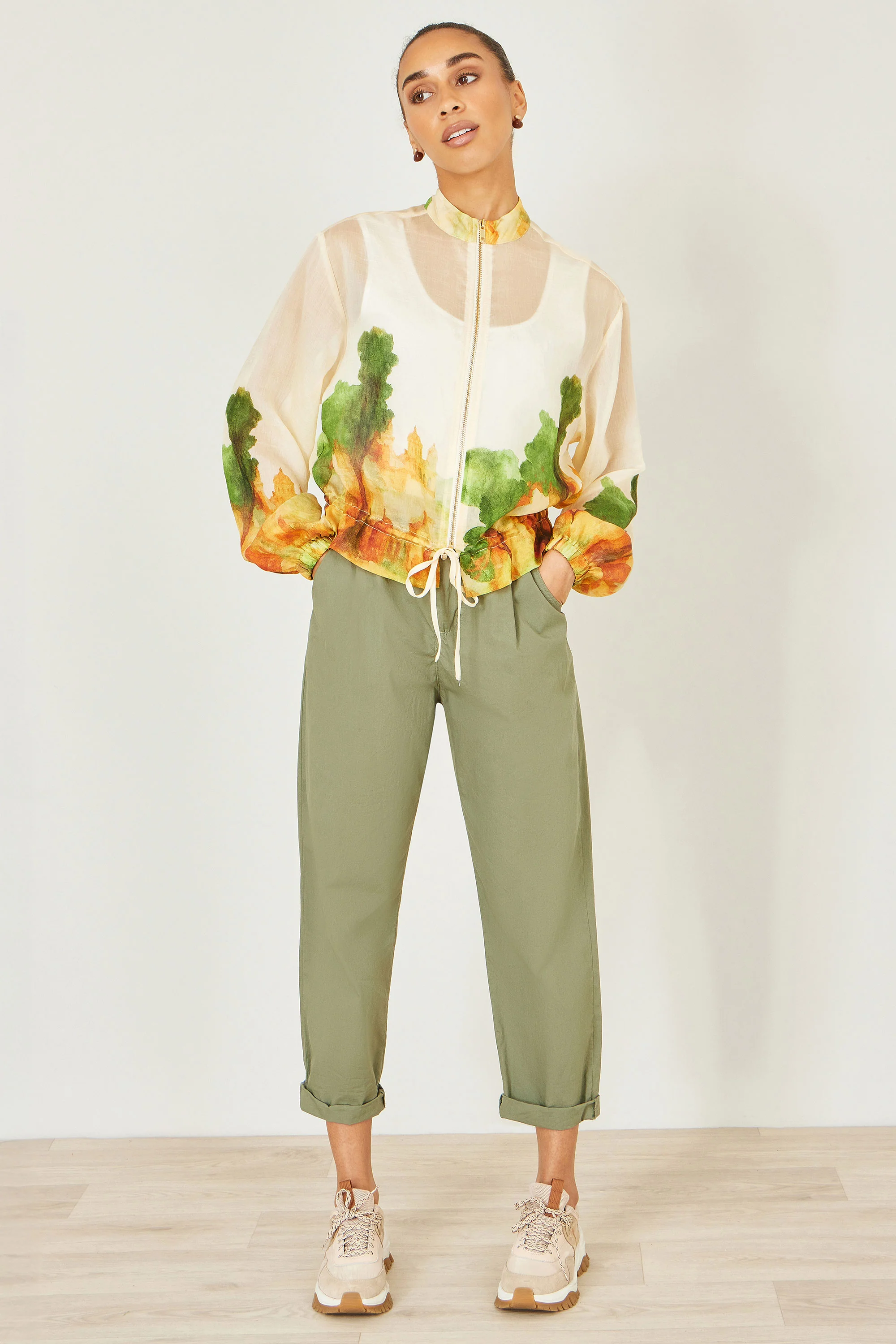 Yumi Beige Printed Lightweight Modal Bomber Jacket - Image 3